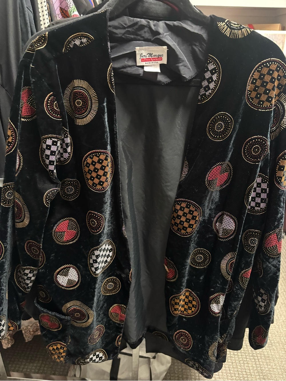 Women’s Black Velvet Embroidered Circles Jacket. Size 16